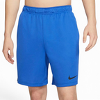 Nike Men's Dri-FIT 8" running shorts in blue and black accents, front view showing elastic waistband, drawcord, and side pockets.