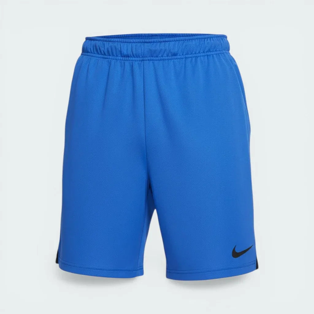 Blue shorts with a Nike logo on a light gray background