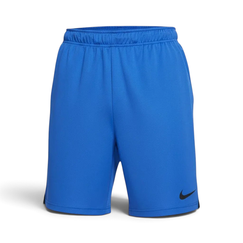 Blue shorts with a Nike logo on a light gray background