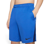 Close-up zoom on the fabric of the Nike Men's Dri-FIT 8" running shorts in obsidian, showing the lightweight, moisture-wicking texture and the embroidered white Nike Swoosh.