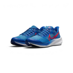 Three-quarter view of the pair, emphasizing the vibrant blue colourway and the cushioned heel collar.