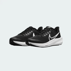 Angled view of two Nike Air Zoom Pegasus 39 Next Nature black and white trainers, side by side, showcasing their responsive design and athletic profile.