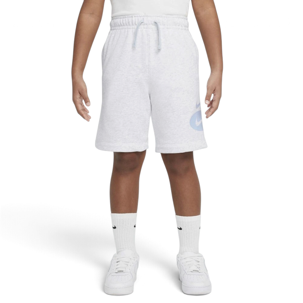 Highlights the high-velocity sweep of the stacked dual Swoosh logos, showing the professional, clean matte finish of the prints against the heathered oatmeal-grey texture of the Birch Heather fleece body.