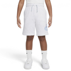 Highlights the high-velocity sweep of the stacked dual Swoosh logos, showing the professional, clean matte finish of the prints against the heathered oatmeal-grey texture of the Birch Heather fleece body.