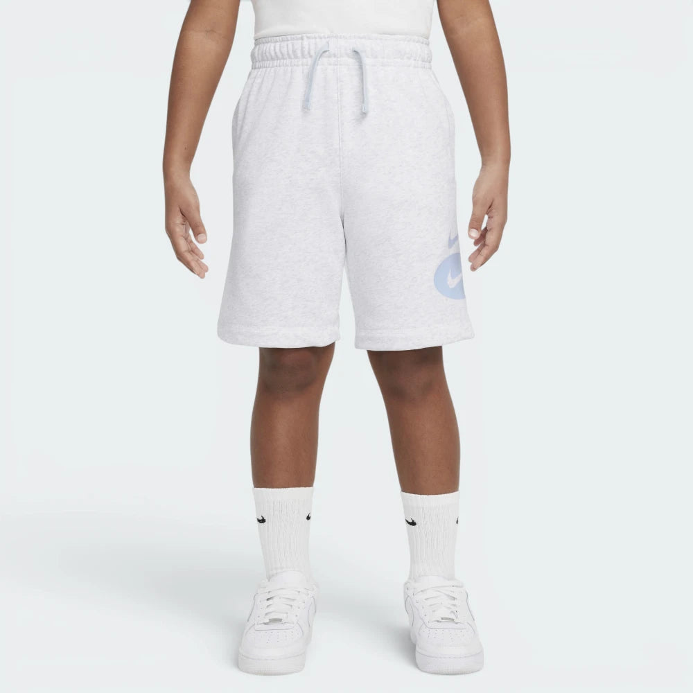 Highlights the high-velocity sweep of the stacked dual Swoosh logos, showing the professional, clean matte finish of the prints against the heathered oatmeal-grey texture of the Birch Heather fleece body. Main image