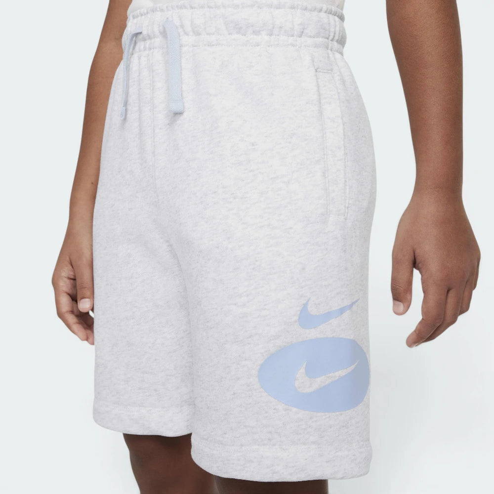 Focuses on the front-and-back styling of the casual cut silhouette, emphasizing the vibrant double Swoosh branding execution on the front leg panel against the clean, unbranded backing.