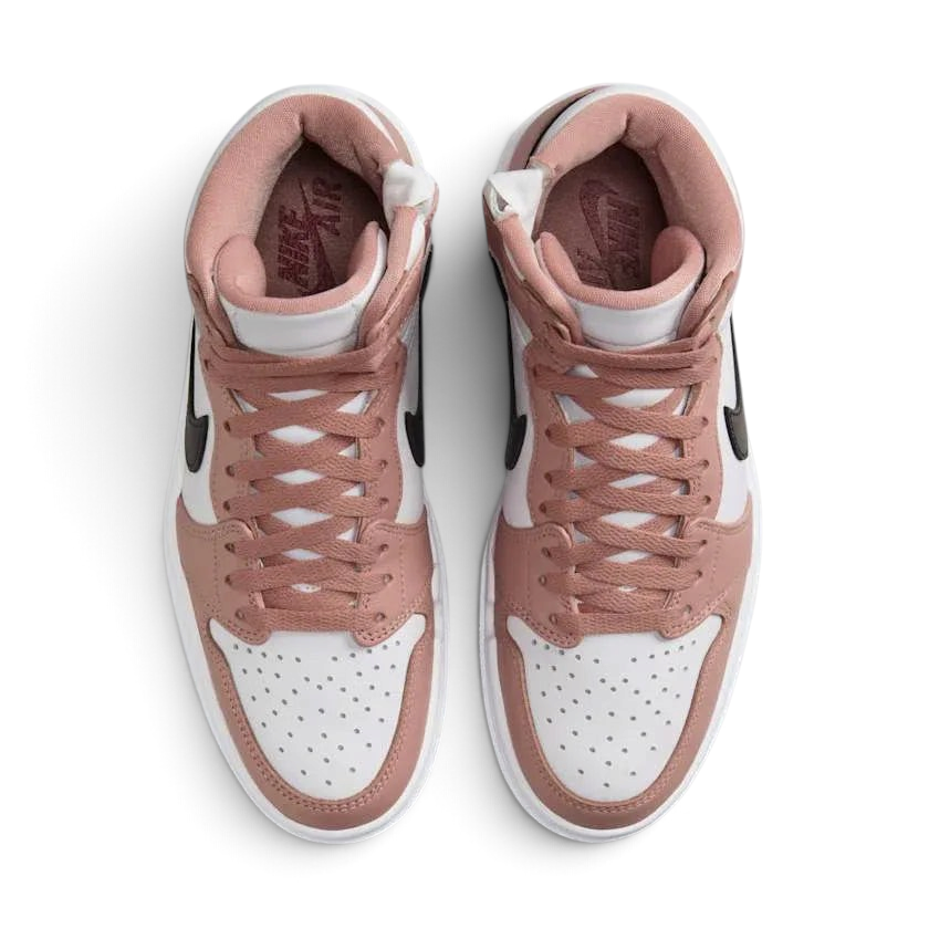Air Jordan 1 Elevate High Women's Pink Trainers DN3253-601 top view showing lace-up front, padded tongue, and high collar
