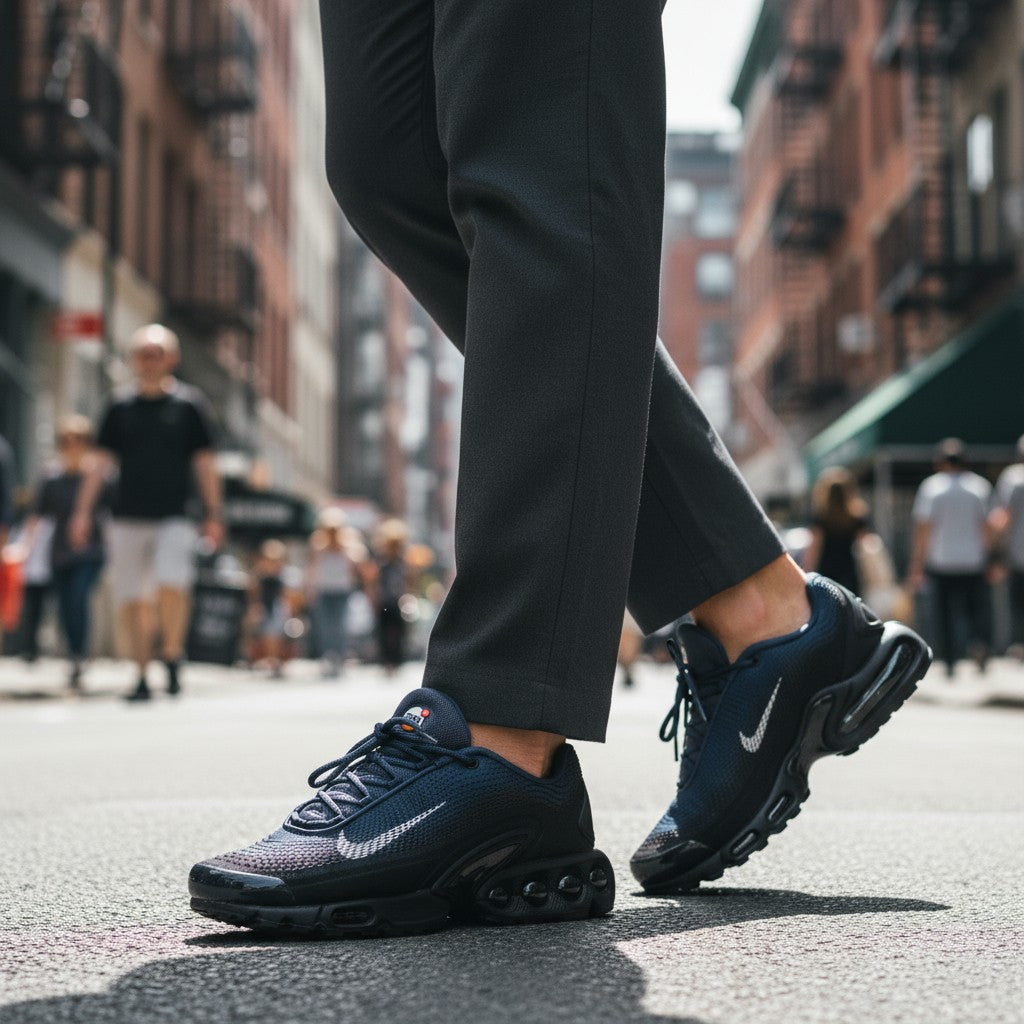 View of the shoes being worn in public with navy pants