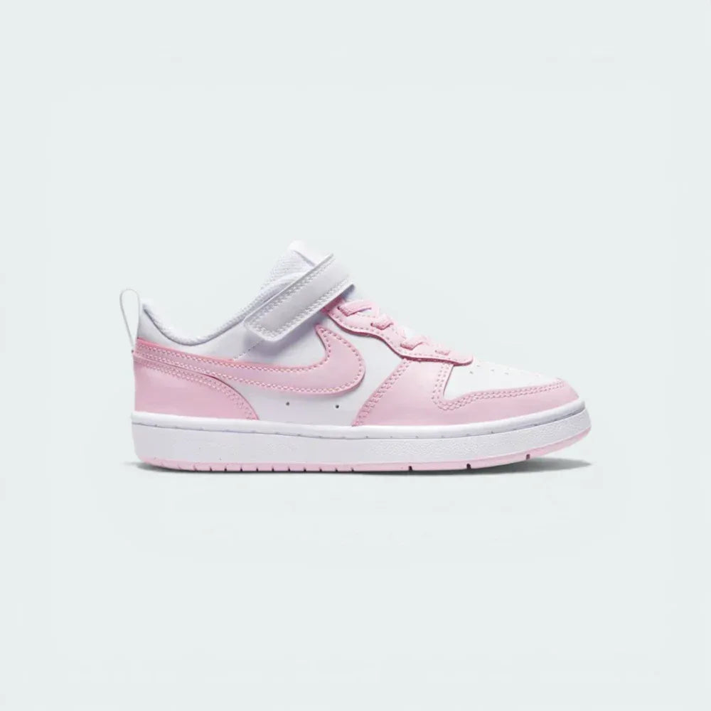 Side profile of the White and Pink Foam Nike Court Borough Low 2 Infants, highlighting the low-top silhouette and the soft pink Swoosh. Main image