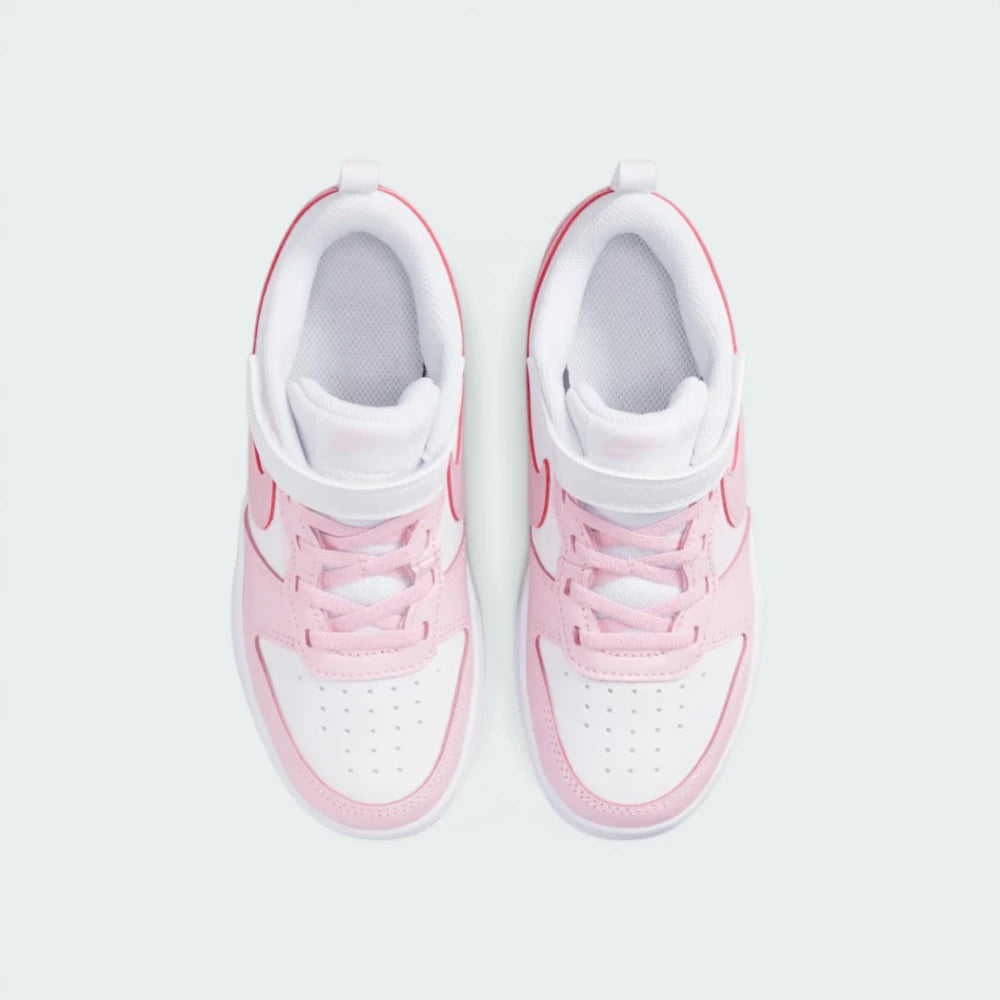 Top-down view of the infant trainers, showcasing the perforated toe box and the secure pink hook-and-loop strap.