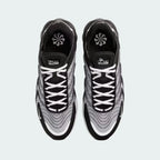 Top-down view of a pair of Nike Air Max TW trainers in black, highlighting the dynamic lace-up system and multi-layered mesh upper texture.