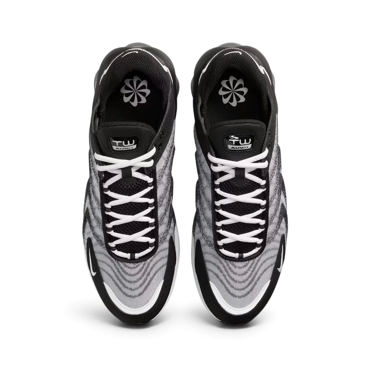 Top-down view of a pair of Nike Air Max TW trainers in black, highlighting the dynamic lace-up system and multi-layered mesh upper texture.