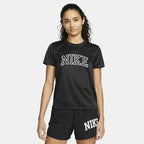 Nike Dri-FIT Swoosh Bra Women's in black, front view showing classic racerback design and large white Nike Swoosh logo.
