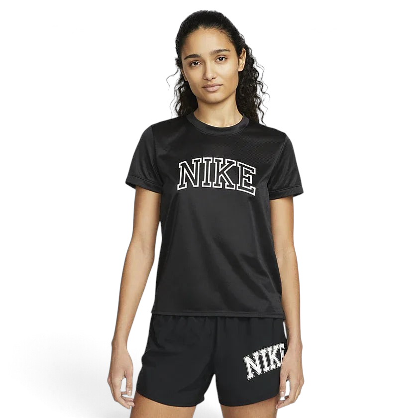 Nike Dri-FIT Swoosh Bra Women's in black, front view showing classic racerback design and large white Nike Swoosh logo.