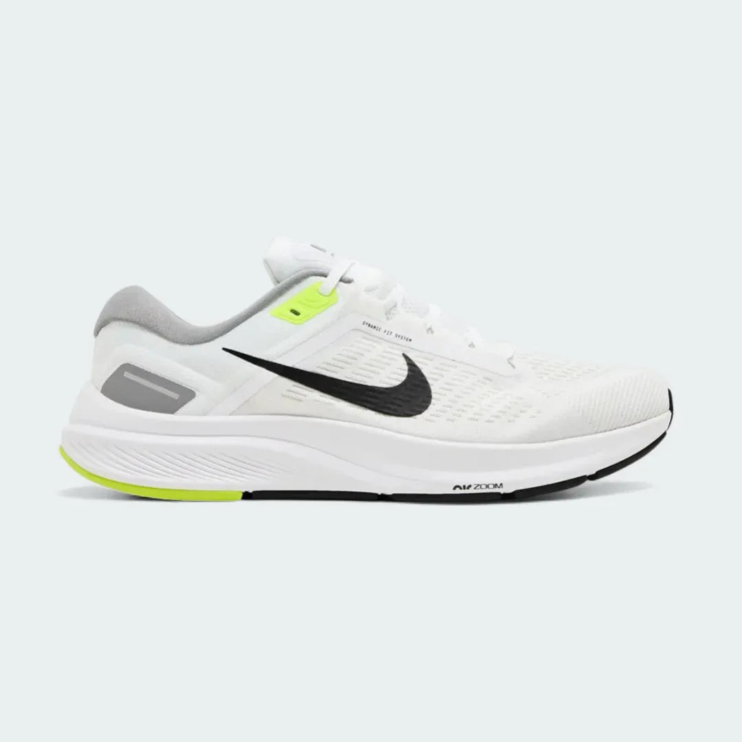 Nike Air Zoom Structure 24 Men's running trainers in white with black accents, side profile showing engineered mesh upper, prominent Nike Swoosh, and stability-focused midsole. Main image