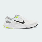 Nike Air Zoom Structure 24 Men's running trainers in white with black accents, side profile showing engineered mesh upper, prominent Nike Swoosh, and stability-focused midsole.