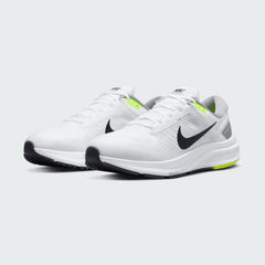 Angled view of two Nike Air Zoom Structure 24 Men's white running trainers, side by side, showcasing their stable design and athletic profile.