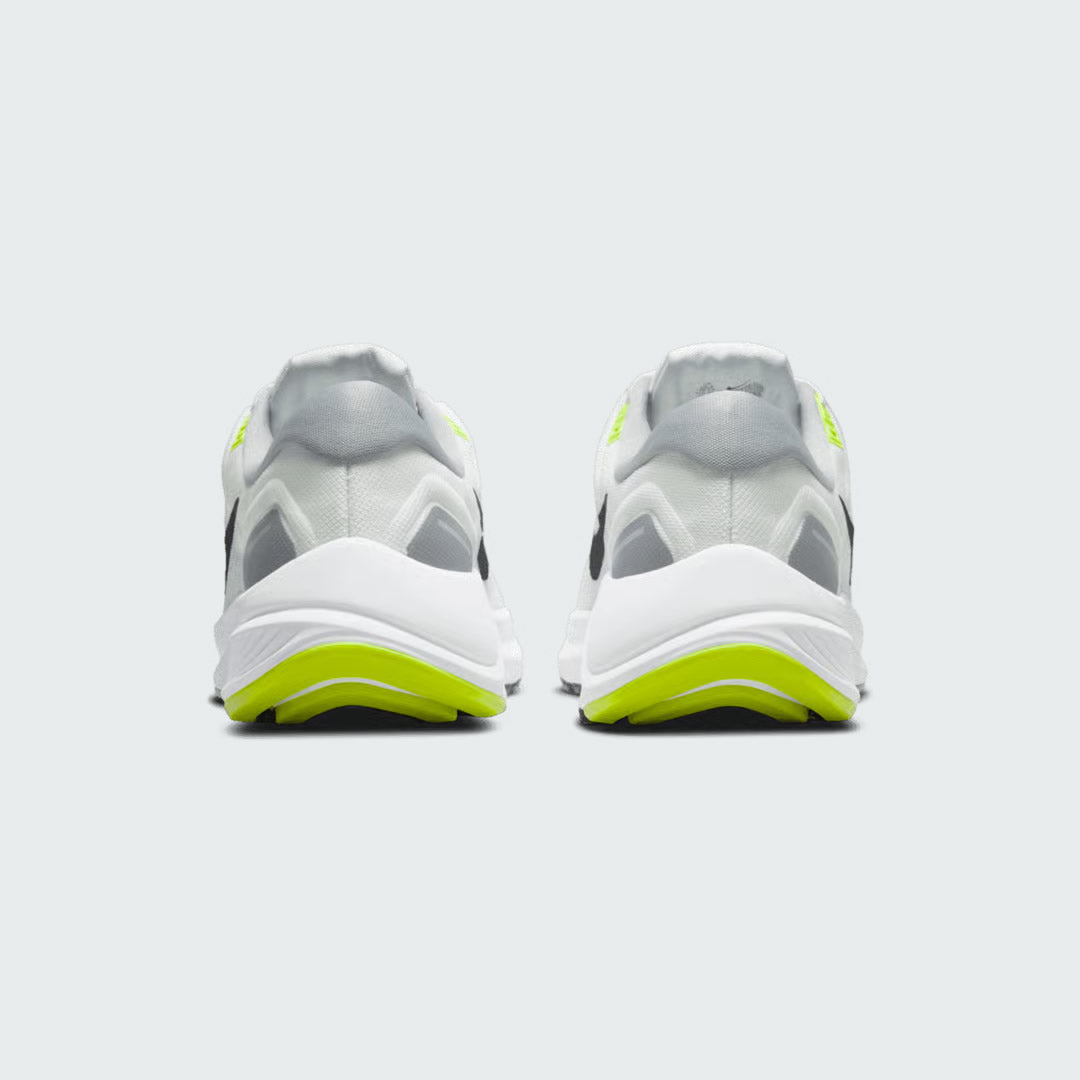 Rear view of the Nike Air Zoom Structure 24 Men's white running trainers, focusing on the supportive heel counter and design for smooth transitions.