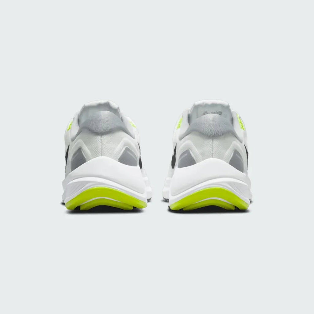 Rear view of the Nike Air Zoom Structure 24 Men's white running trainers, focusing on the supportive heel counter and design for smooth transitions.