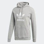 Adidas Trefoil Hoodie Men's in medium grey heather, front view showing large white Trefoil logo on the chest and a kangaroo pocket.