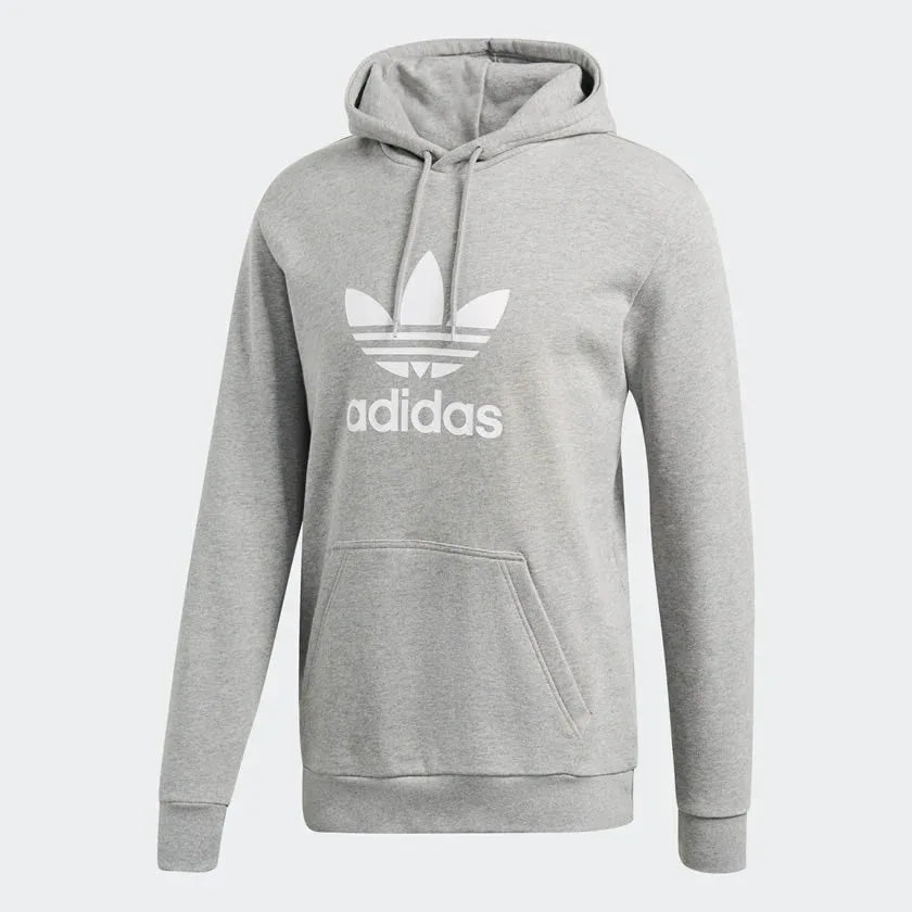Adidas Trefoil Hoodie Men's in medium grey heather, front view showing large white Trefoil logo on the chest and a kangaroo pocket.