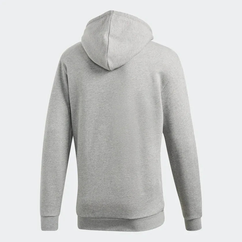Adidas Trefoil Hoodie Men's in medium grey heather, back view showcasing the plain design and the hood.