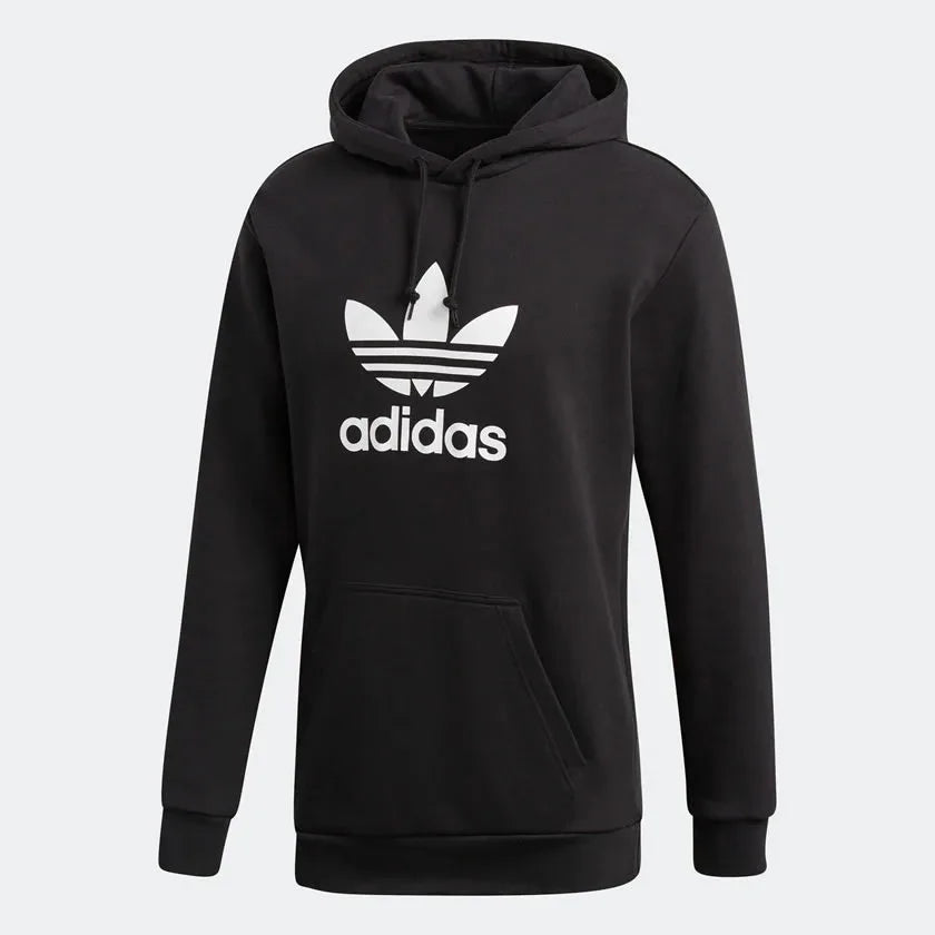 Adidas Trefoil Hoodie Men's in black, front view showing large white Trefoil logo on the chest and a kangaroo pocket.