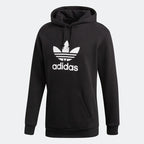 Adidas Trefoil Hoodie Men's in black, front view showing large white Trefoil logo on the chest and a kangaroo pocket.