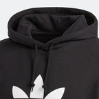 Detailed zoom on the hood and drawcord of the Adidas Trefoil Hoodie Men's, highlighting the adjustable fit.