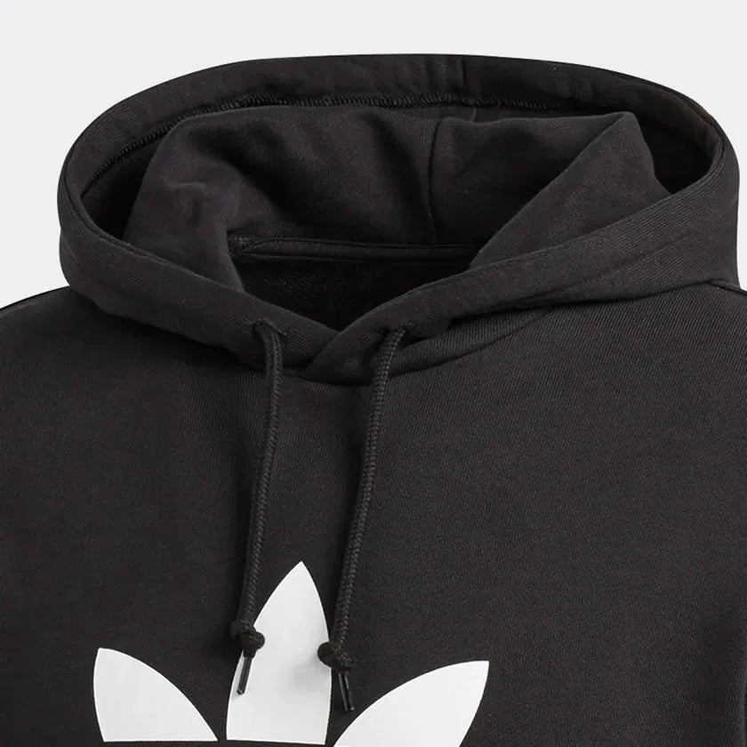 Detailed zoom on the hood and drawcord of the Adidas Trefoil Hoodie Men's, highlighting the adjustable fit.