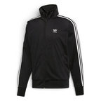 Adidas Firebird Track Jacket Men's in black, front view showing full zip, stand-up collar, white 3-Stripes on sleeves, and embroidered Trefoil logo.