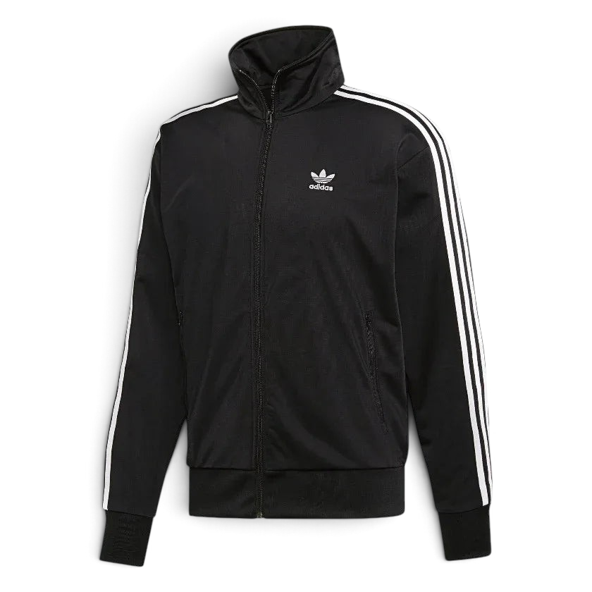 Adidas Firebird Track Jacket Men's in black, front view showing full zip, stand-up collar, white 3-Stripes on sleeves, and embroidered Trefoil logo.