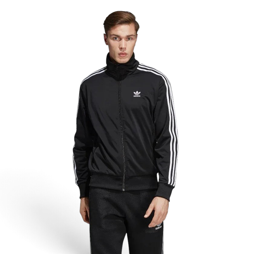 Adidas Firebird Track Jacket Men's in black, front view showing full zip, stand-up collar, white 3-Stripes on sleeves, and embroidered Trefoil logo. Main image