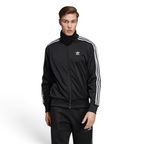 Adidas Firebird Track Jacket Men's in black, front view showing full zip, stand-up collar, white 3-Stripes on sleeves, and embroidered Trefoil logo.