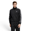 Adidas Firebird Track Jacket Men's in black, front view showing full zip, stand-up collar, white 3-Stripes on sleeves, and embroidered Trefoil logo.