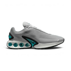 Nike Air Max DN Men's running shoes in light smoke grey and black, side profile showing visible Dynamic Air unit in the heel, textured upper, and sleek silhouette.