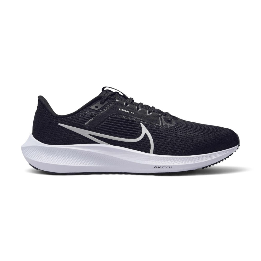 Highlights the streamlined lateral profile showing the Black engineered mesh upper, prominent White outlined Nike Swoosh, "PEGASUS 40" branding on the midfoot band, sculpted white React foam midsole stamped with Air Zoom script, and black rubber outsole. Main image