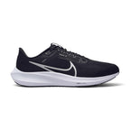 Highlights the streamlined lateral profile showing the Black engineered mesh upper, prominent White outlined Nike Swoosh, "PEGASUS 40" branding on the midfoot band, sculpted white React foam midsole stamped with Air Zoom script, and black rubber outsole.