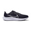 Highlights the streamlined lateral profile showing the Black engineered mesh upper, prominent White outlined Nike Swoosh, "PEGASUS 40" branding on the midfoot band, sculpted white React foam midsole stamped with Air Zoom script, and black rubber outsole.