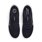 Focuses on the locked-in central lacing layout, displaying flat black laces, padded mesh tongues with circular "Nike Running / Just Do It" graphics, cushioned black collars, and insoles printed with Air Zoom and smiley face motifs.