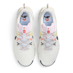 Focuses on the locked-in lacing layout, displaying the Pink Foam mesh tongues, patterned flecked laces, yellow, pink, and navy Flywire eyelet cables, and insoles printed with Mount Fuji sunrise graphics.