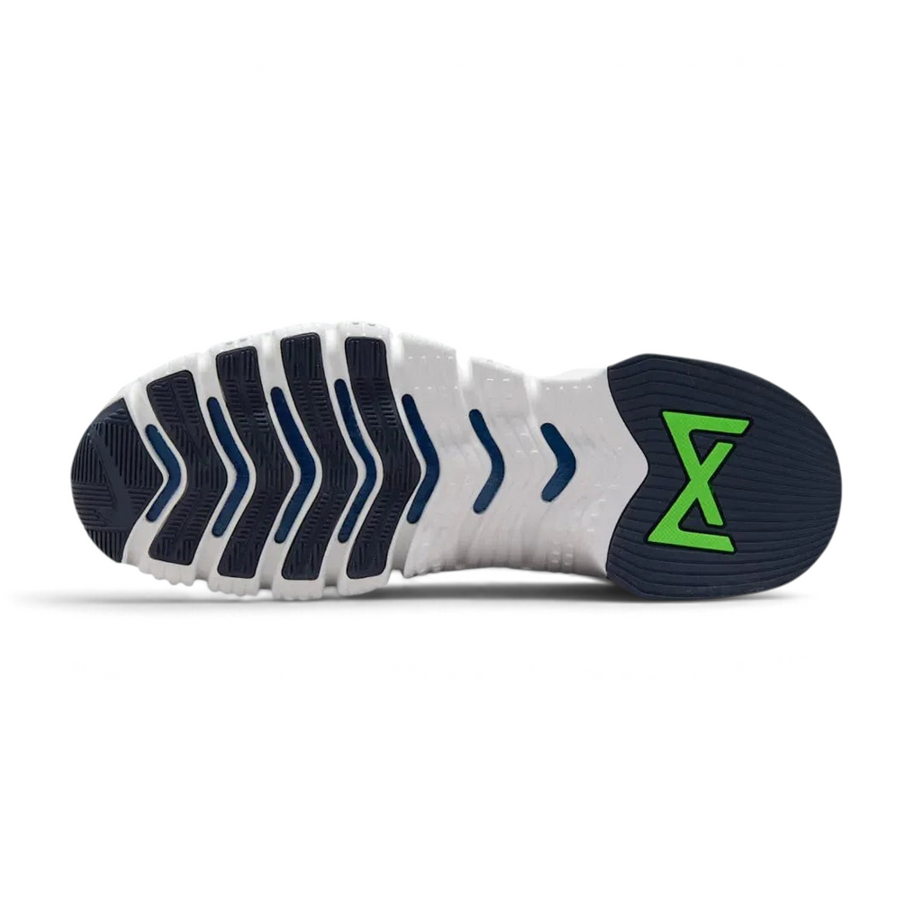 View of the outsole of the Nike Free Metcon 5 Men's blue training shoes, showing the multi-directional traction pattern for versatile gym performance.