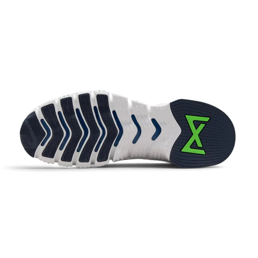 View of the outsole of the Nike Free Metcon 5 Men's blue training shoes, showing the multi-directional traction pattern for versatile gym performance.