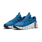 Angled view of two Nike Free Metcon 5 Men's blue training shoes, side by side, showcasing their dynamic design and supportive structure.