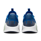 Rear view of the Nike Free Metcon 5 Men's blue training shoes, focusing on the wide, flat heel for lifting stability and subtle branding.