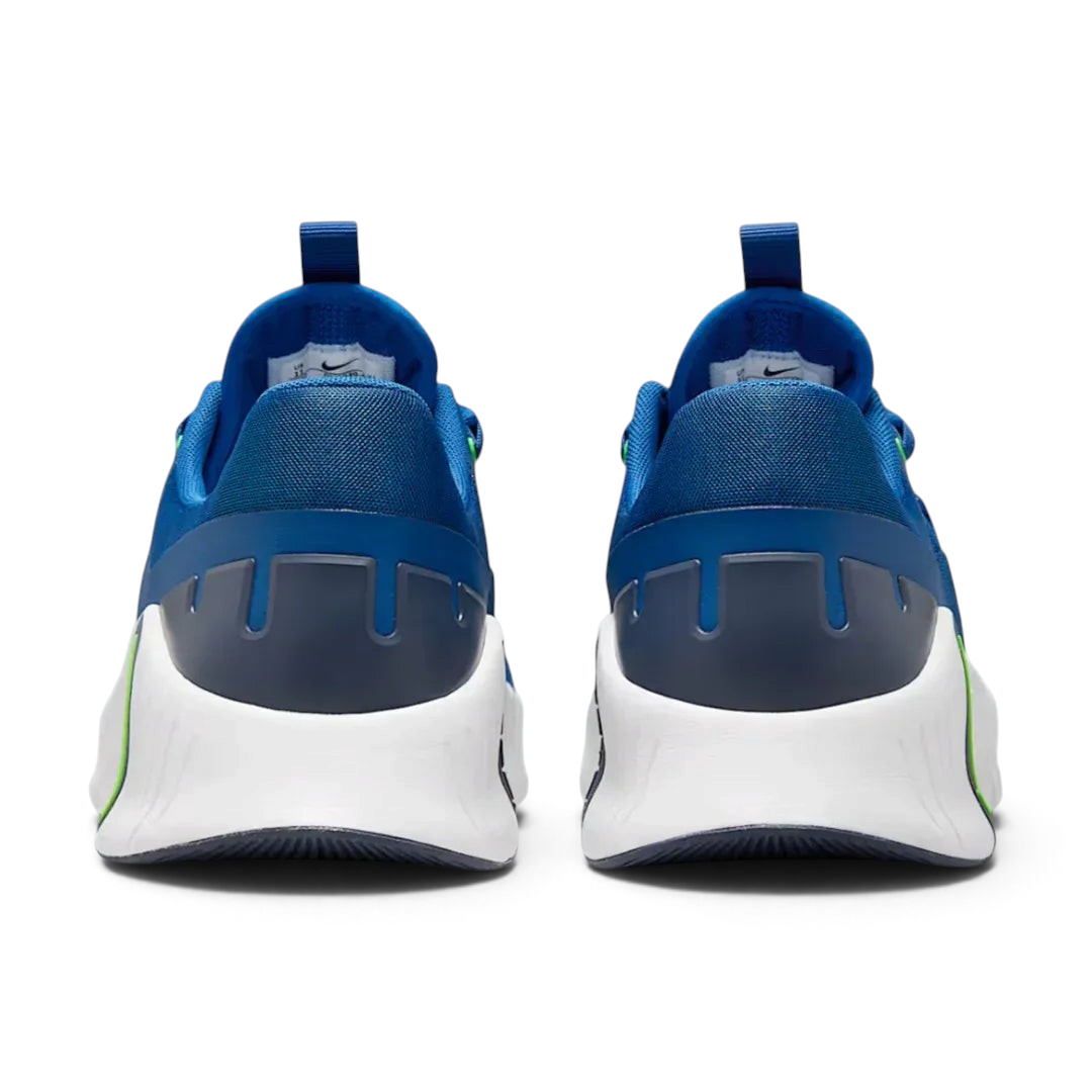 Rear view of the Nike Free Metcon 5 Men's blue training shoes, focusing on the wide, flat heel for lifting stability and subtle branding.