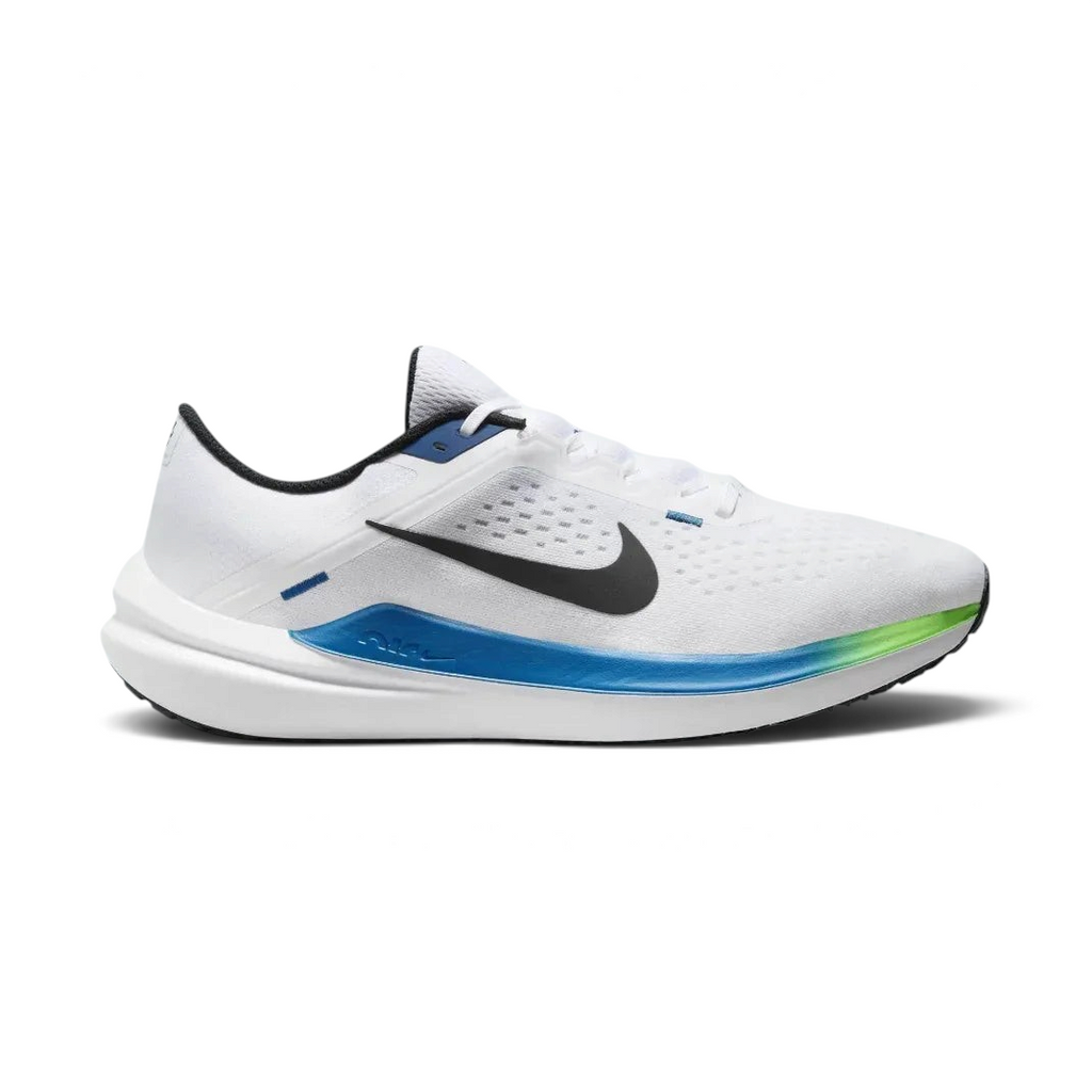Nike Air Winflo 10 Men's trainers in white, side profile showing the bold black Swoosh, Star Blue midsole accents, and breathable mesh upper.