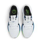 Top-down view of the white Nike Air Winflo 10 trainers, highlighting the blue branding on the tongue and the secure white lacing system.