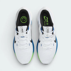 Top-down view of the white Nike Air Winflo 10 trainers, highlighting the blue branding on the tongue and the secure white lacing system.