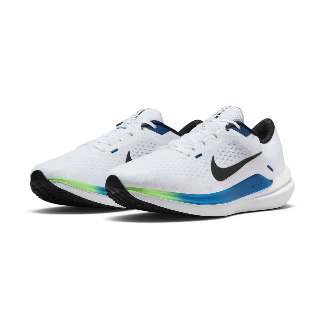 Angled view of two Nike Winflo 10 Men's trainers side by side, showcasing the sleek white design and vibrant Star Blue highlights.